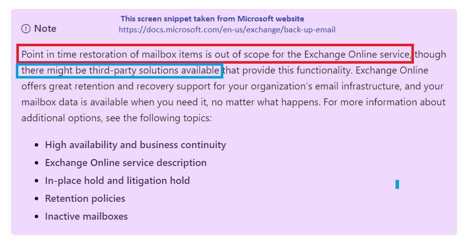 Office 365 Backup Notice